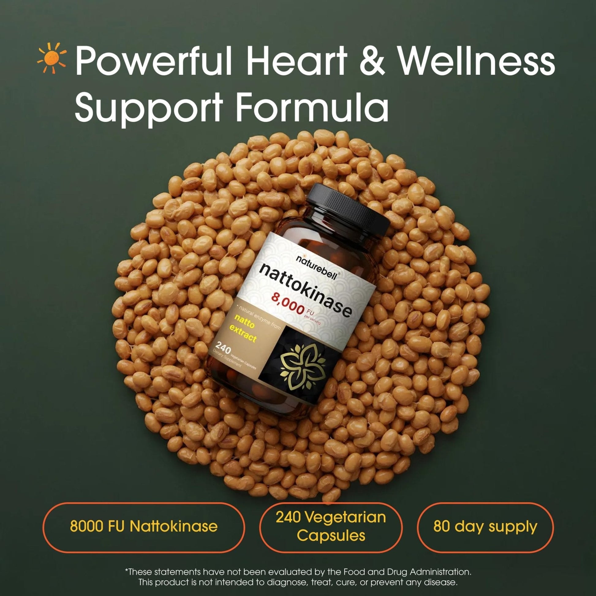 NatureBell Nattokinase - 240 Capsules - 8,000 FU Max Strength from Fermented Natto Extract - for Heart Health - Maple Wellness Supplements