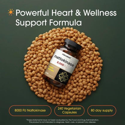 NatureBell Nattokinase - 240 Capsules - 8,000 FU Max Strength from Fermented Natto Extract - for Heart Health - Maple Wellness Supplements