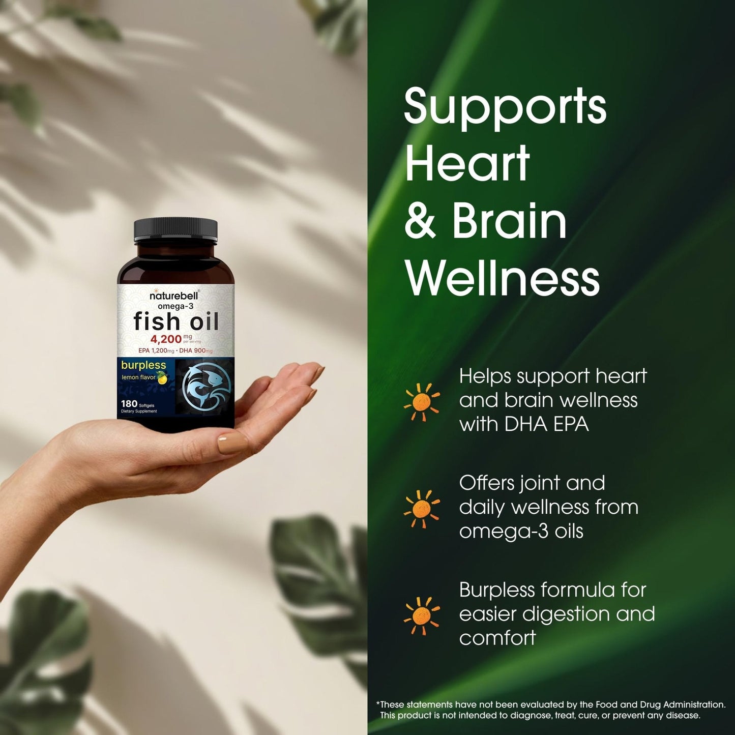 NatureBell Omega-3 Fish Oil - 180 Softgels - Support for Joint, Brain & Heart Health* - with EPA & DHA - No Burps or Fishy Aftertaste - Non-GMO & Mercury-Free Formula - Lemon Flavor - Maple Wellness Supplements