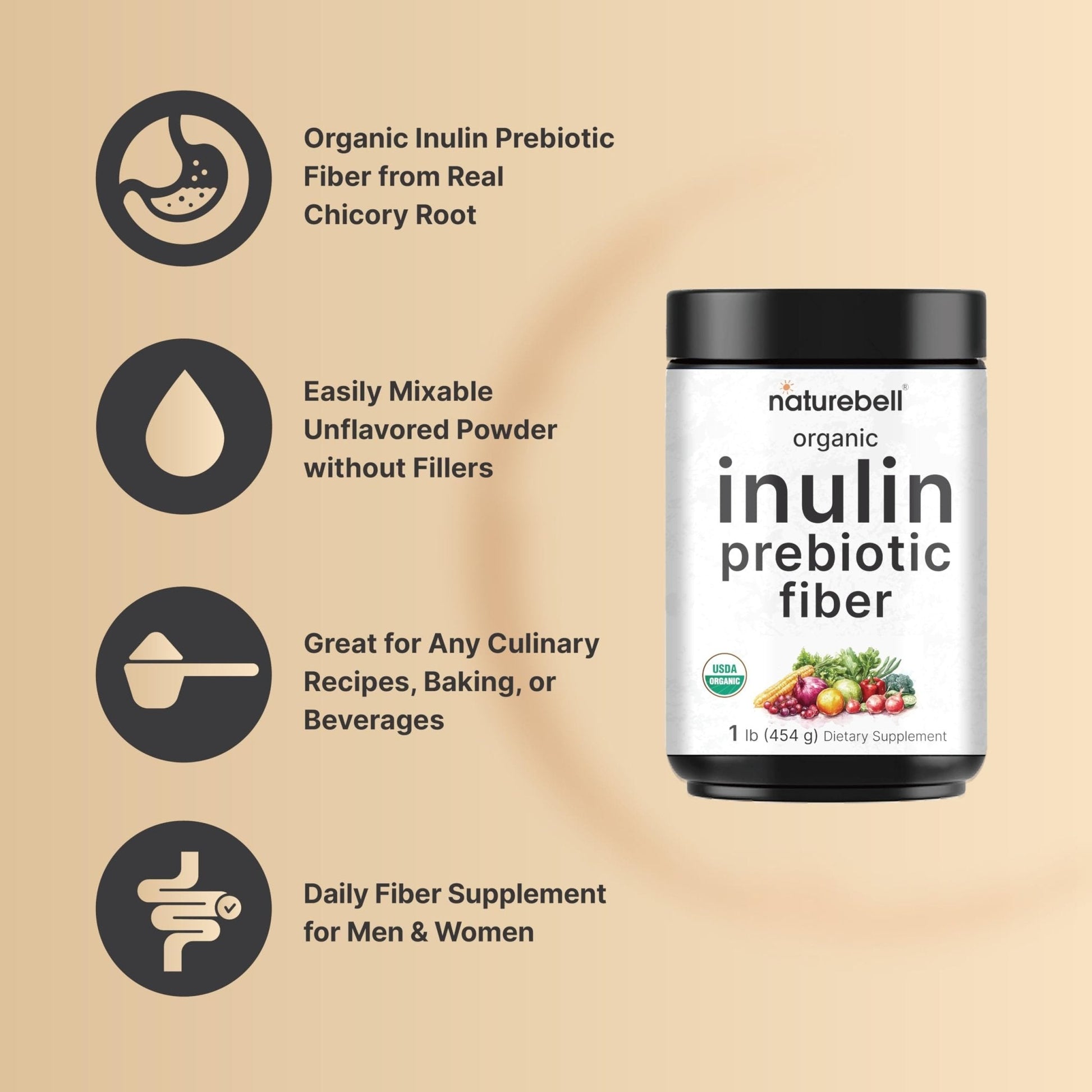 NatureBell Organic Inulin Prebiotic Fiber Powder, 1lb | Natural Chicory Root Source – Easily Mixes with Coffee or Smoothies – Fiber Supplement for Women & Men - Maple Wellness Supplements