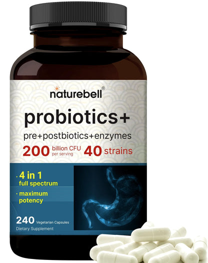 NatureBell Probiotic 200 Billion CFU – 40 Strains Per Serving | 240 Veggie Capsules with Prebiotics and Probiotics – Full Spectrum Complex with Enzymes - Maple Wellness Supplements