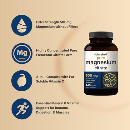 NatureBell Pure Magnesium Citrate 500mg per 3 Capsules Serving Size, 240 Capsules per Bottle - Maple Wellness Supplements