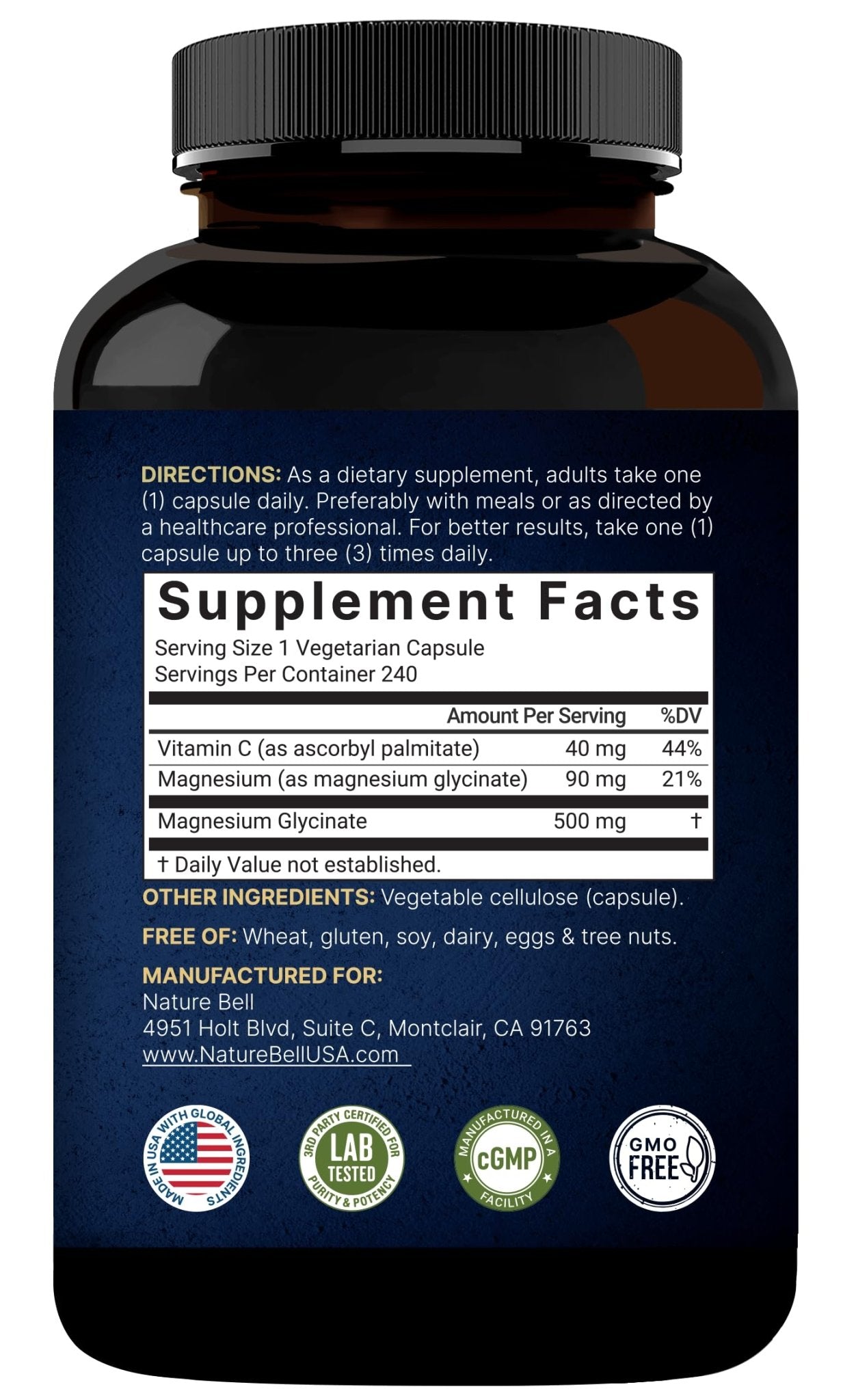 Naturebell Pure Magnesium Glycinate 500mg, 240 Veggie Capsules | 100% Chelated & Purified – 3rd Party Tested, Vegan Friendly, Non-GMO, Filler Free - Maple Wellness Supplements