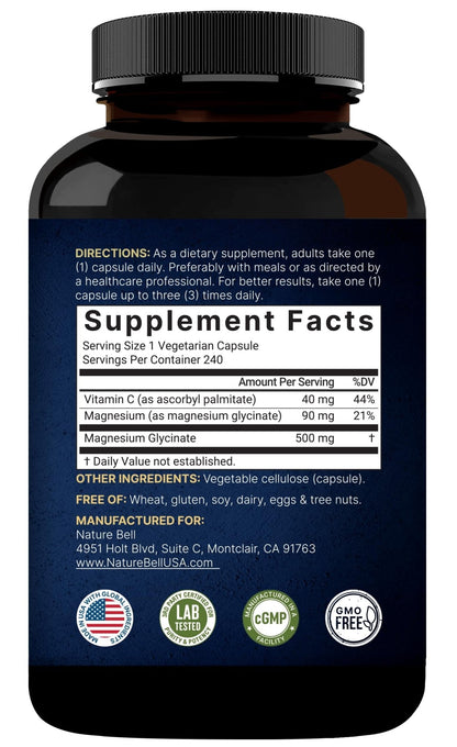 Naturebell Pure Magnesium Glycinate 500mg, 240 Veggie Capsules | 100% Chelated & Purified – 3rd Party Tested, Vegan Friendly, Non-GMO, Filler Free - Maple Wellness Supplements