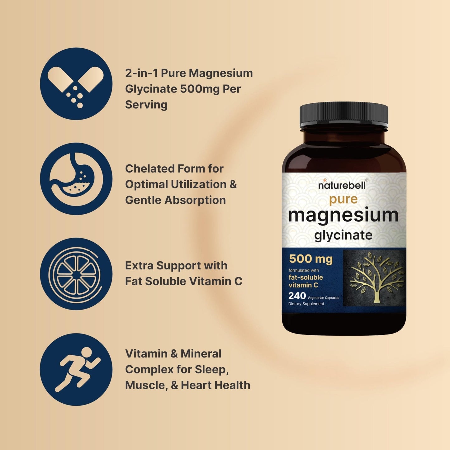 Naturebell Pure Magnesium Glycinate 500mg, 240 Veggie Capsules | 100% Chelated & Purified – 3rd Party Tested, Vegan Friendly, Non-GMO, Filler Free - Maple Wellness Supplements