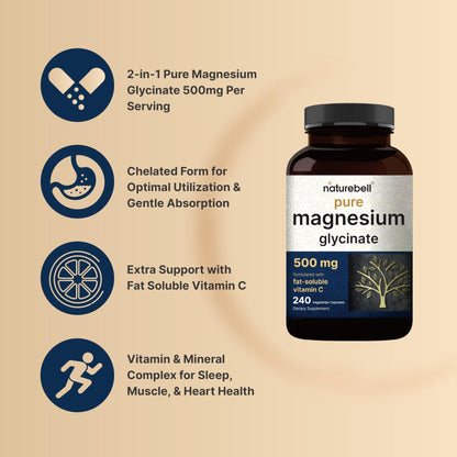 Naturebell Pure Magnesium Glycinate 500mg, 240 Veggie Capsules | 100% Chelated & Purified – 3rd Party Tested, Vegan Friendly, Non-GMO, Filler Free - Maple Wellness Supplements