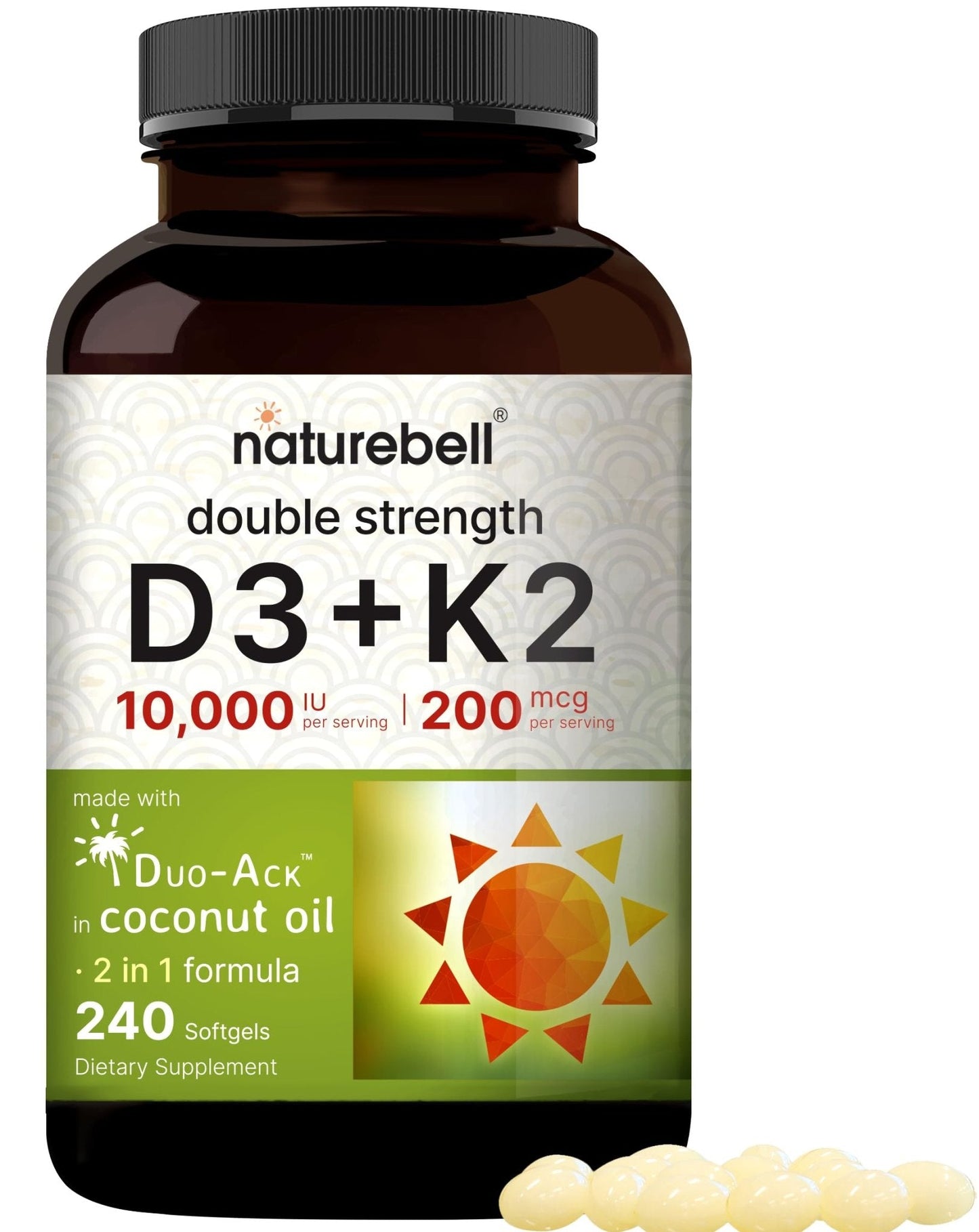 NatureBell Vitamin D3 K2 (10,000 IU Vitamin D + 200mcg Vitamin K MK-7) 240 Softgels - Maple Wellness Supplements