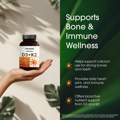NatureBell Vitamin D3 K2-240 Softgels - 5,000 IU Vitamin D3 & 100mcg Vitamin K2 MK-7 - with Virgin Coconut Oil - Bone, Heart & Immune Health Support - Maple Wellness Supplements