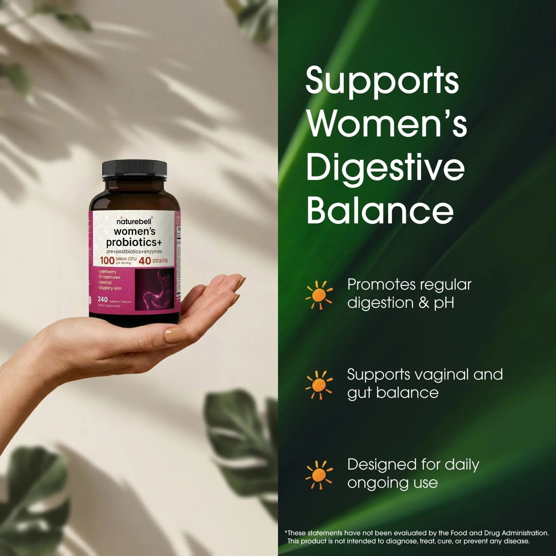 NatureBell Women's Probiotics+ - 240 Vegetarian Capsules - Prebiotic, Probiotic, Postbiotic & Digestive Enzymes - Made with Cranberry, D-Mannose, Inositol & More - Maple Wellness Supplements