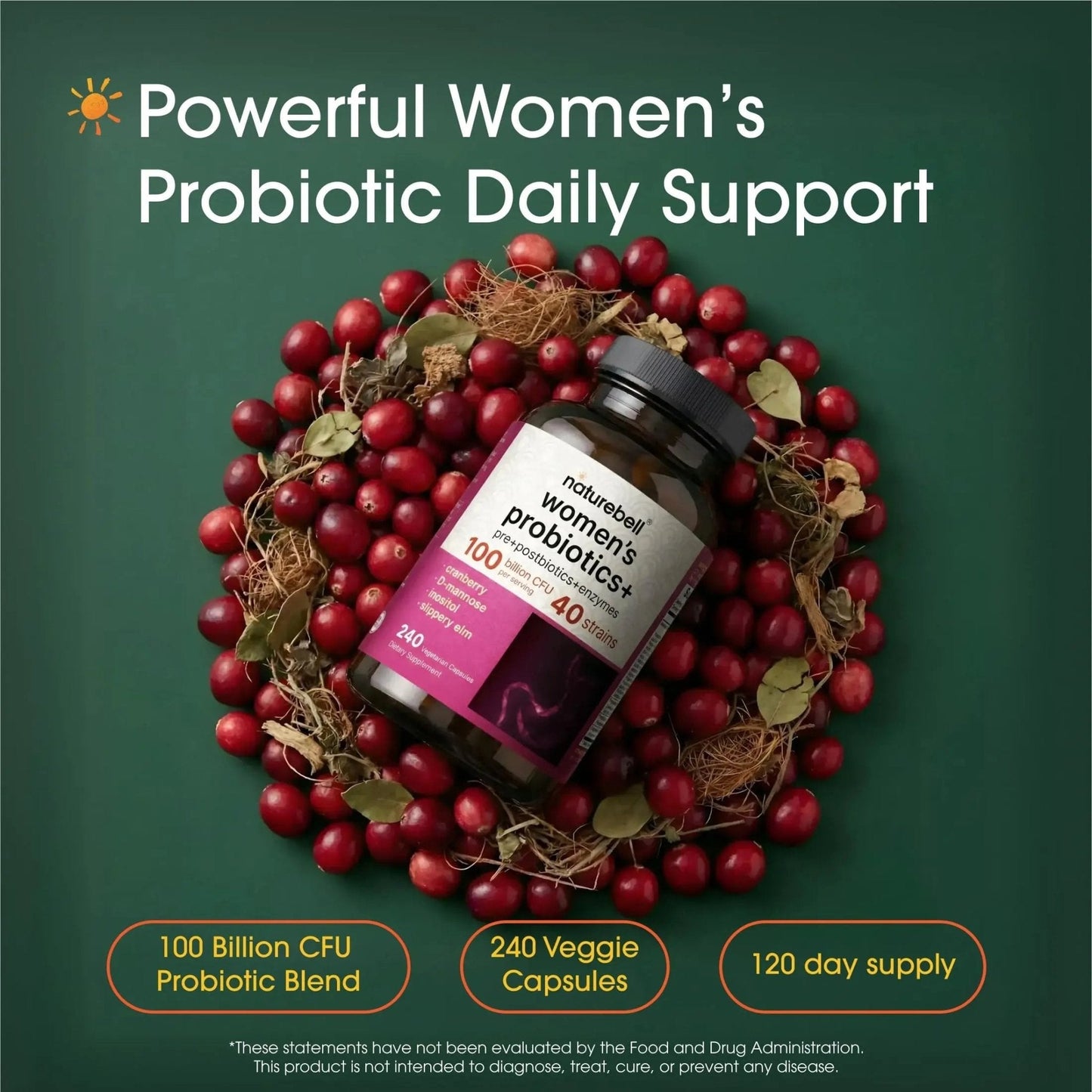 NatureBell Women's Probiotics+ - 240 Vegetarian Capsules - Prebiotic, Probiotic, Postbiotic & Digestive Enzymes - Made with Cranberry, D-Mannose, Inositol & More - Maple Wellness Supplements