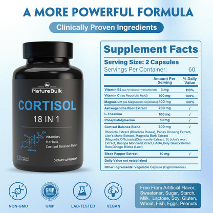 NATUREBULK Cortisol Supplements for Women, 18-in-1 - Premium Blend with Ashwagandha, Rhodiola, Magnesium & L-Theanine - Stress Response Support & Mood Enhancement Formula - 120 Vegetarian Capsules - Maple Wellness Supplements