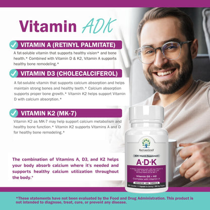 NatureGenX ADK Vitamin Supplement – Vitamins A, D3 & K2 MK-7 for Bone Health & Calcium Absorption – Gluten-Free, Non-GMO, Soy-Free - Maple Wellness Supplements