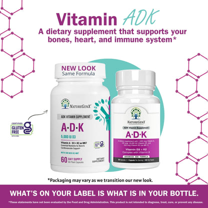 NatureGenX ADK Vitamin Supplement – Vitamins A, D3 & K2 MK-7 for Bone Health & Calcium Absorption – Gluten-Free, Non-GMO, Soy-Free - Maple Wellness Supplements