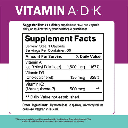NatureGenX ADK Vitamin Supplement – Vitamins A, D3 & K2 MK-7 for Bone Health & Calcium Absorption – Gluten-Free, Non-GMO, Soy-Free - Maple Wellness Supplements
