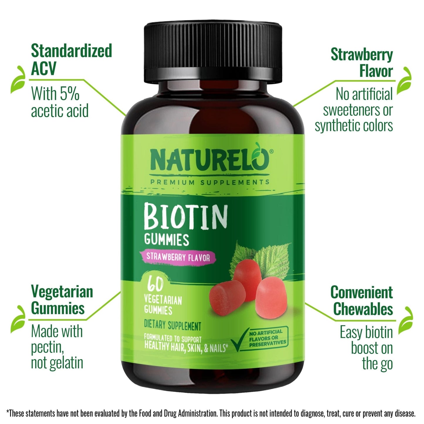 NATURELO Biotin Gummies - Supports Healthy Hair, Skin & Nails - High Potency 2500 mcg - Non GMO, Gluten Free - 60 Gummies - Maple Wellness Supplements