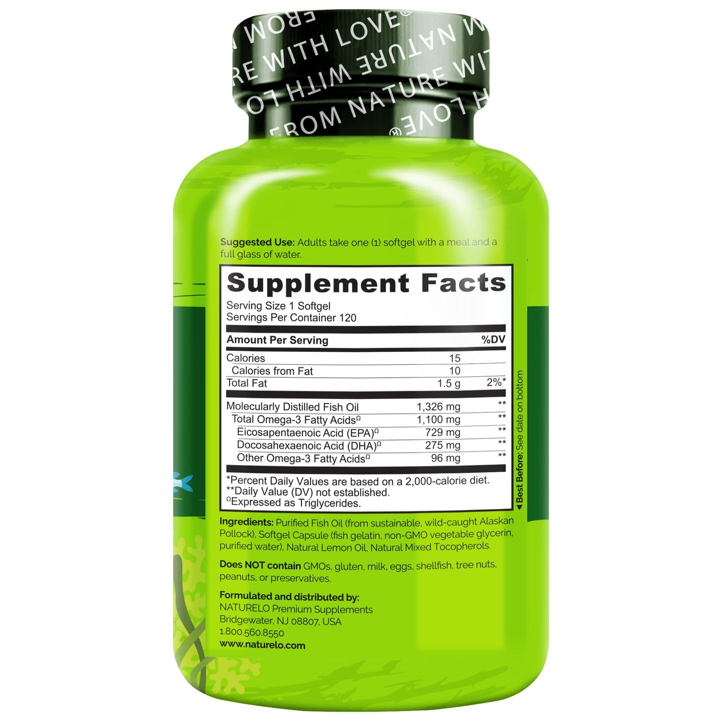 NATURELO Burpless Omega 3 Fish Oil Supplement - 1100mg Triglyceride Omega-3, EPA + DHA, Liquid Fish Oil for Heart, Eye, Brain, Joint Health - Maple Wellness Supplements