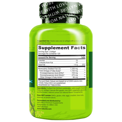 NATURELO Burpless Omega 3 Fish Oil Supplement - 1100mg Triglyceride Omega-3, EPA + DHA, Liquid Fish Oil for Heart, Eye, Brain, Joint Health - Maple Wellness Supplements