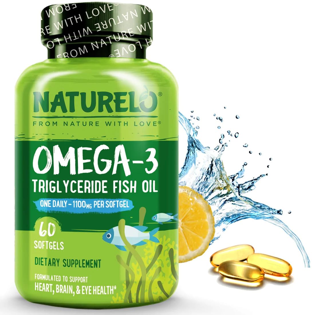 NATURELO Burpless Omega 3 Fish Oil Supplement - 1100mg Triglyceride Omega-3, EPA + DHA, Liquid Fish Oil for Heart, Eye, Brain, Joint Health - Maple Wellness Supplements