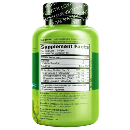 NATURELO Burpless Omega 3 Fish Oil Supplement - 1100mg Triglyceride Omega-3, EPA + DHA, Liquid Fish Oil for Heart, Eye, Brain, Joint Health - Maple Wellness Supplements