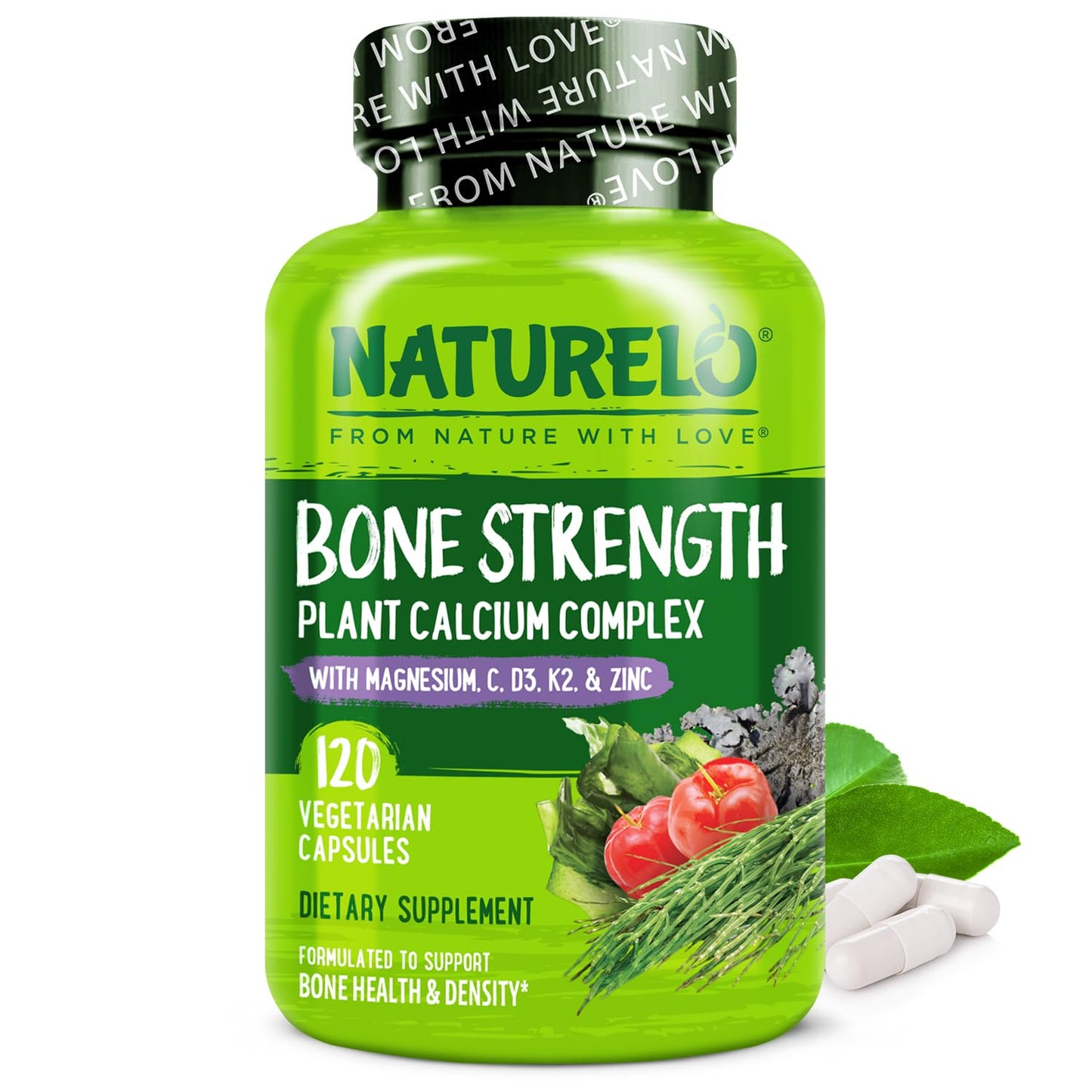 NATURELO Calcium Supplement - with Vitamin C, Vitamin D3, K2, and Calcium Magnesium Zinc for Bone Strength with Calcium 600mg - Plant-Based, 120 Vegetarian Capsules - Maple Wellness Supplements