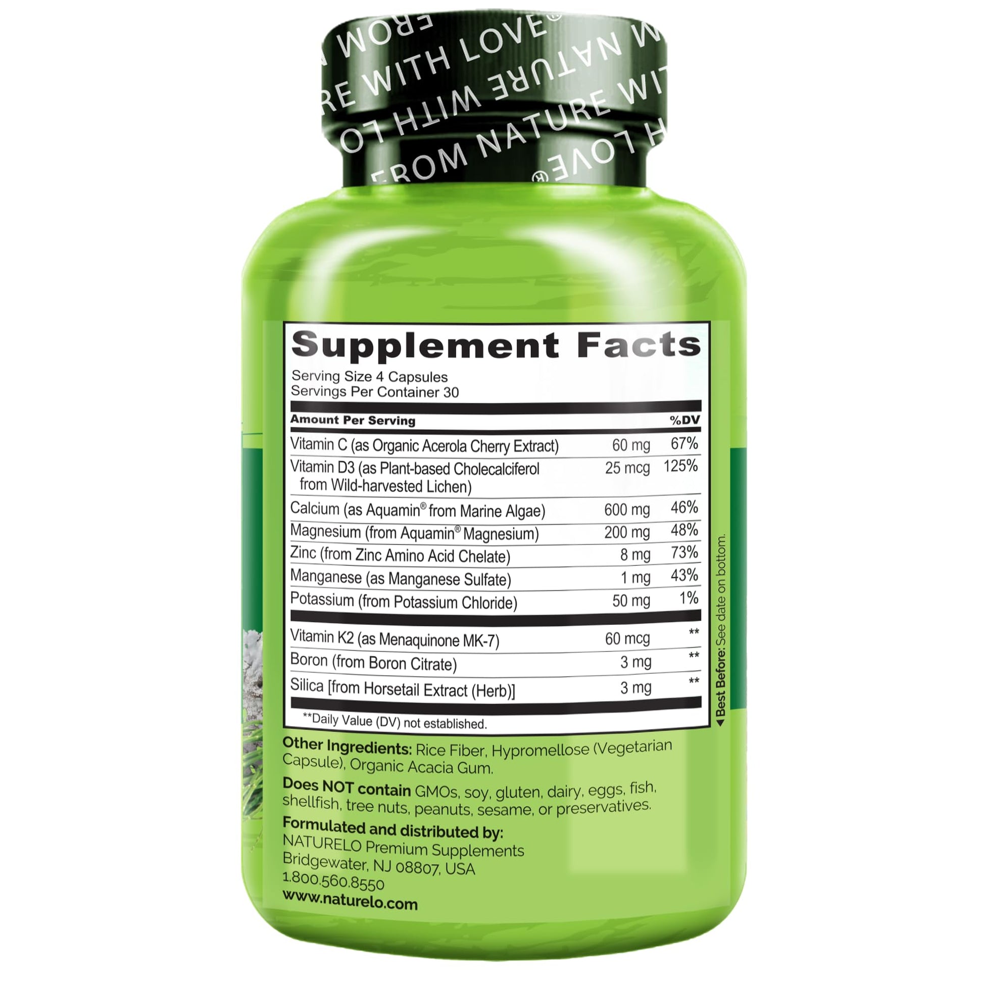 NATURELO Calcium Supplement - with Vitamin C, Vitamin D3, K2, and Calcium Magnesium Zinc for Bone Strength with Calcium 600mg - Plant-Based, 120 Vegetarian Capsules - Maple Wellness Supplements