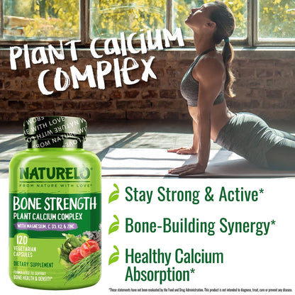 NATURELO Calcium Supplement - with Vitamin C, Vitamin D3, K2, and Calcium Magnesium Zinc for Bone Strength with Calcium 600mg - Plant-Based, 120 Vegetarian Capsules - Maple Wellness Supplements