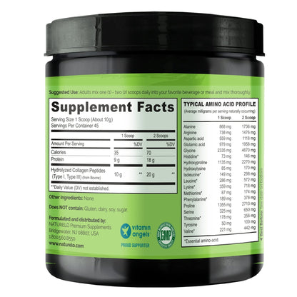 NATURELO Collagen Peptide Powder, Hydrolyzed Collagen Type I & III, Skin Hair & Joint Health - Unflavored, 16 Ounces | 45 Servings - Maple Wellness Supplements