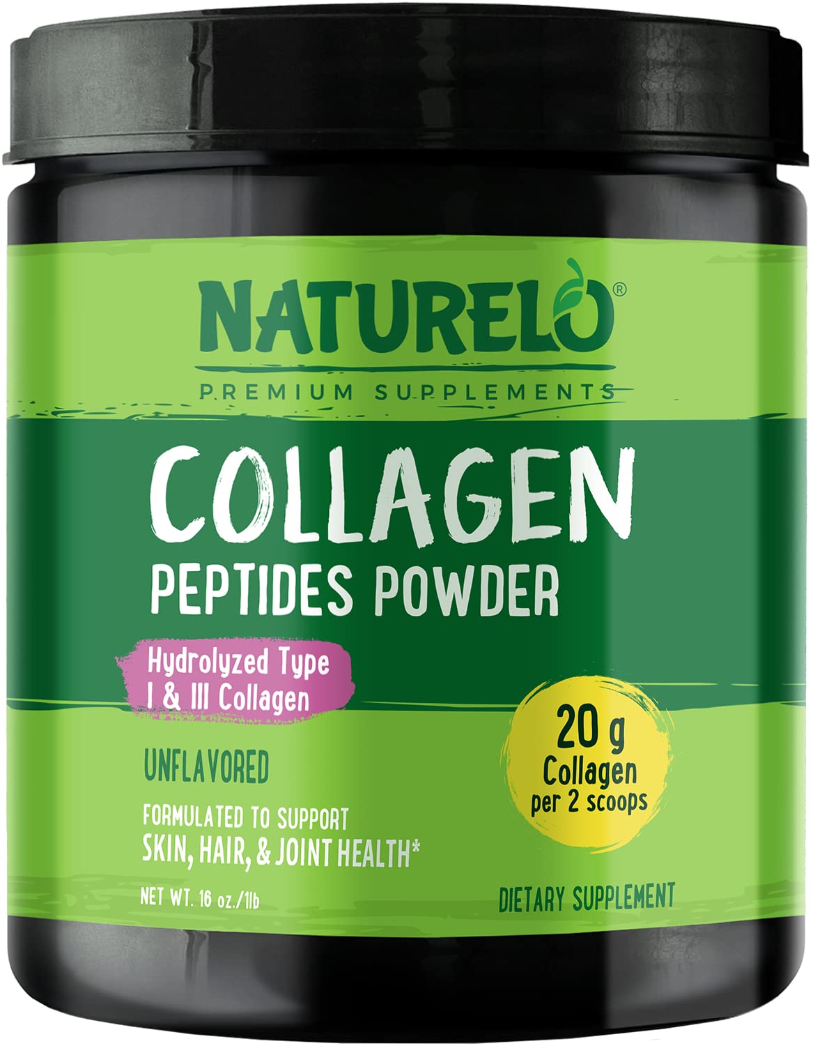 NATURELO Collagen Peptide Powder, Hydrolyzed Collagen Type I & III, Skin Hair & Joint Health - Unflavored, 16 Ounces | 45 Servings - Maple Wellness Supplements