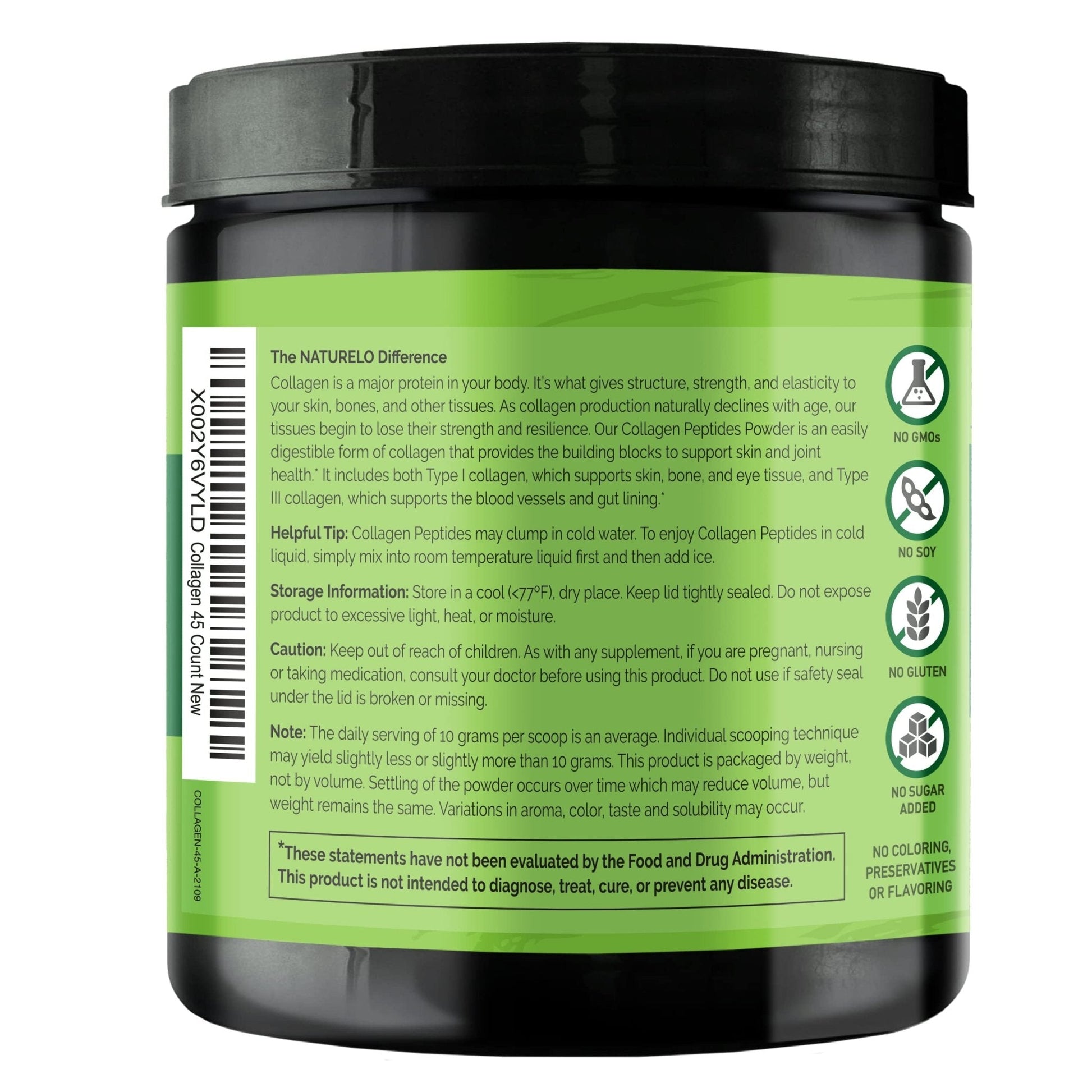 NATURELO Collagen Peptide Powder, Hydrolyzed Collagen Type I & III, Skin Hair & Joint Health - Unflavored, 16 Ounces | 45 Servings - Maple Wellness Supplements