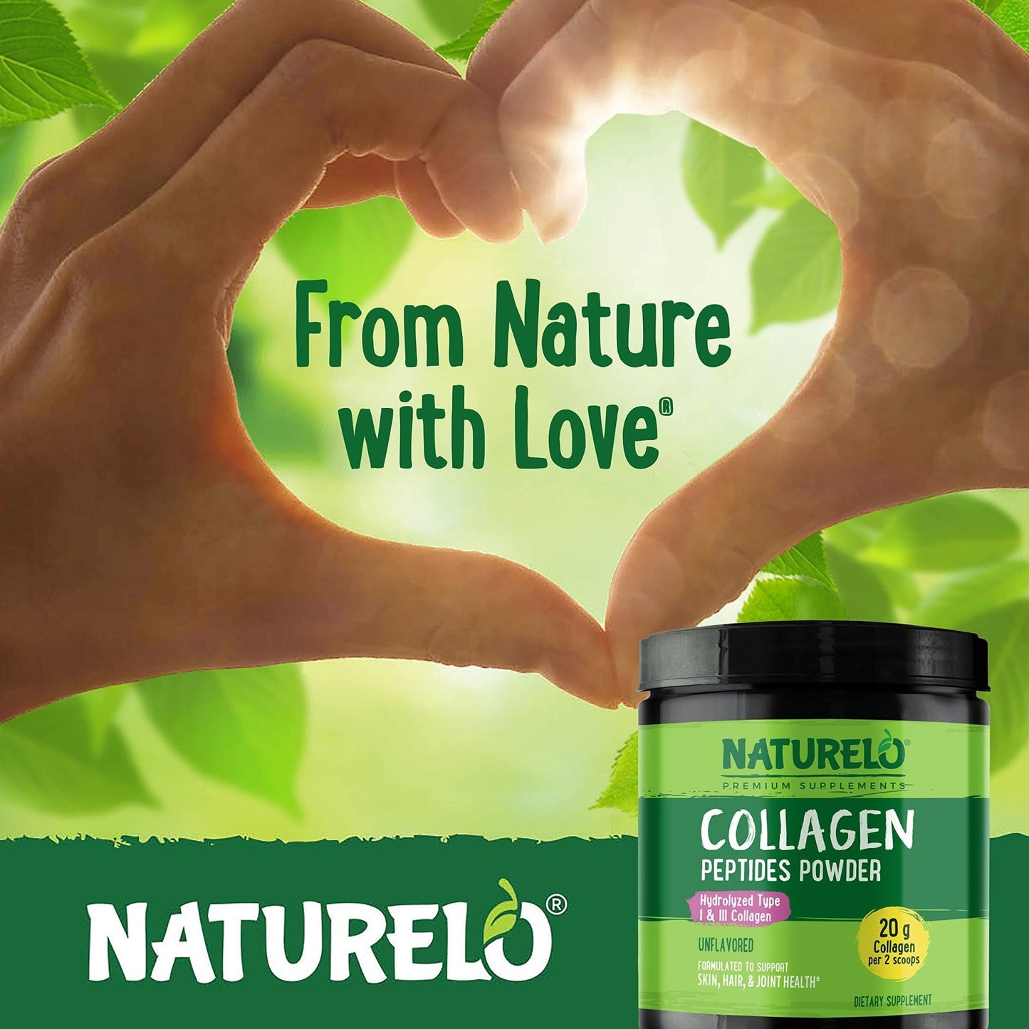 NATURELO Collagen Peptide Powder, Hydrolyzed Collagen Type I & III, Skin Hair & Joint Health - Unflavored, 16 Ounces | 45 Servings - Maple Wellness Supplements