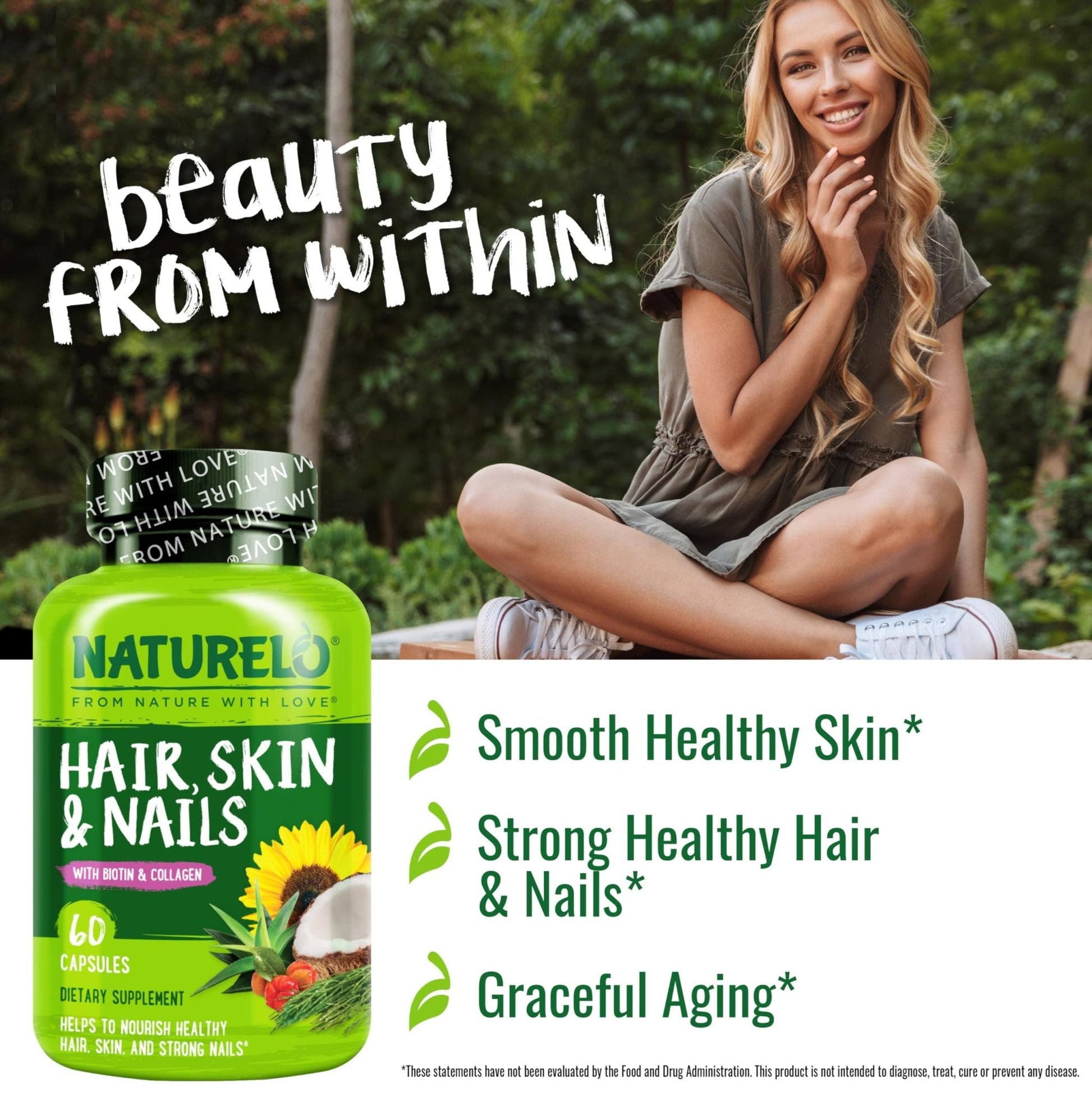 NATURELO Hair, Skin and Nails Vitamins - 5000 mcg Biotin, Collagen, Natural Vitamin E - Supplement for Healthy Skin - Maple Wellness Supplements
