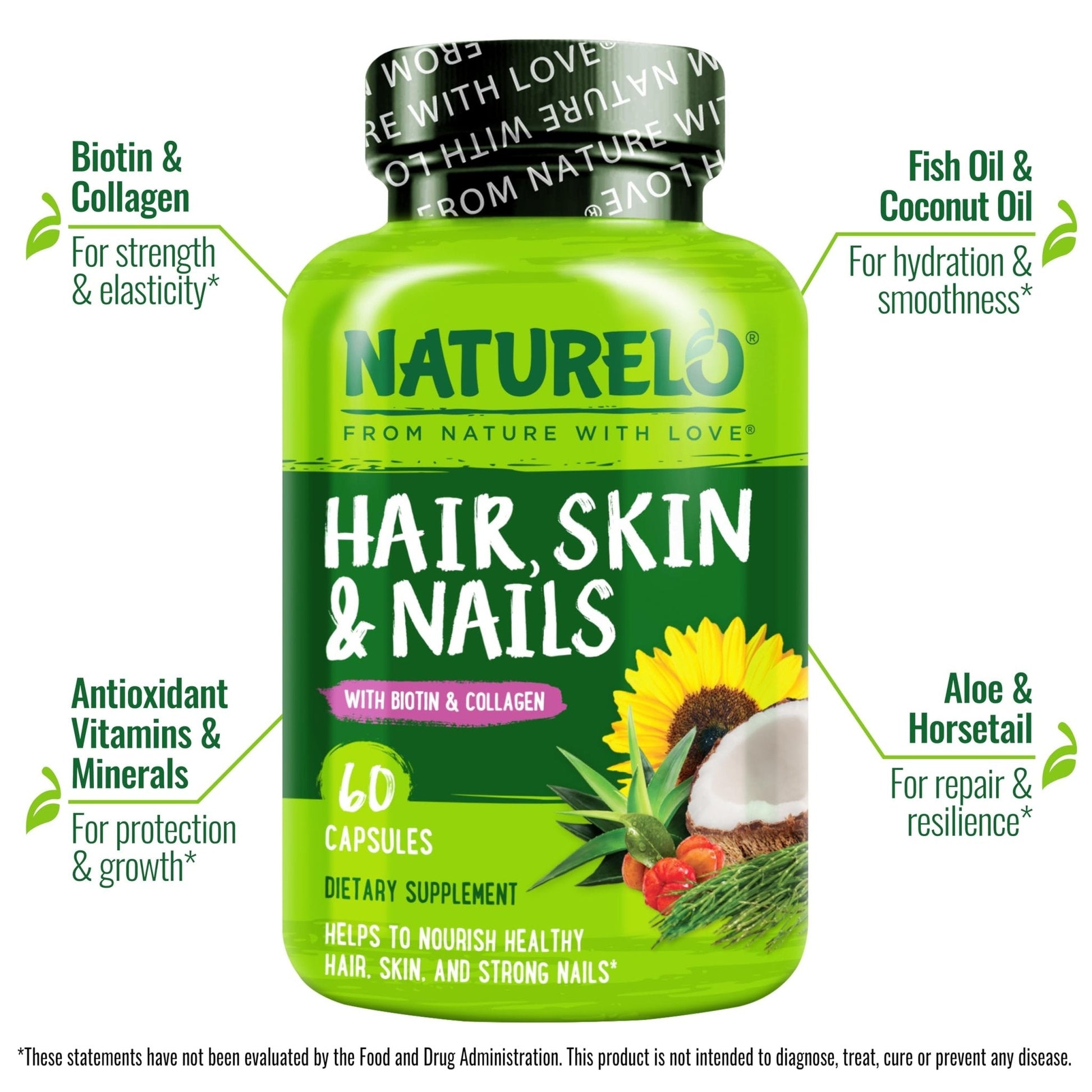 NATURELO Hair, Skin and Nails Vitamins - 5000 mcg Biotin, Collagen, Natural Vitamin E - Supplement for Healthy Skin - Maple Wellness Supplements