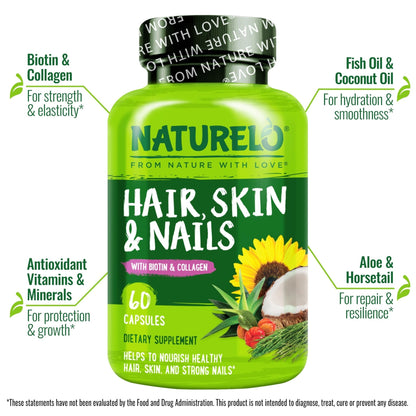 NATURELO Hair, Skin and Nails Vitamins - 5000 mcg Biotin, Collagen, Natural Vitamin E - Supplement for Healthy Skin - Maple Wellness Supplements