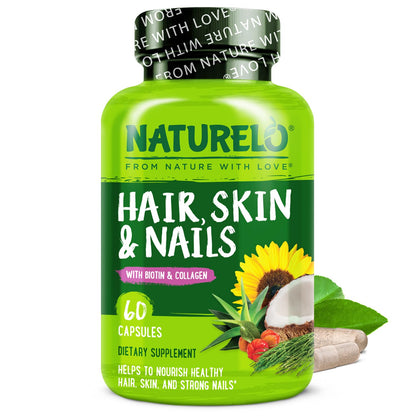NATURELO Hair, Skin and Nails Vitamins - 5000 mcg Biotin, Collagen, Natural Vitamin E - Supplement for Healthy Skin - Maple Wellness Supplements
