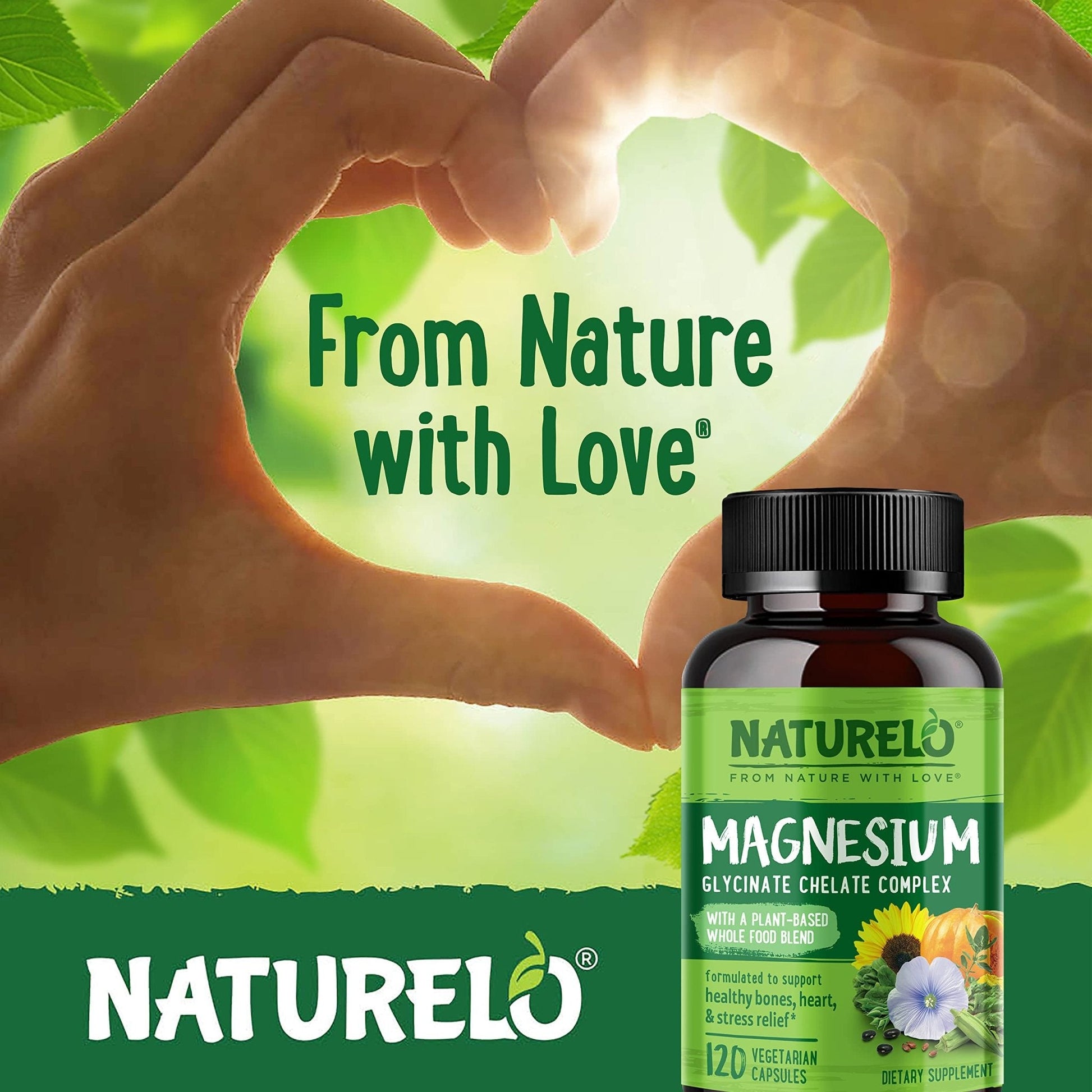 NATURELO Magnesium Glycinate Chelate Complex - 200 mg Magnesium with Organic Vegetables to Support Sleep, Calm, Muscle Cramp & Stress Relief - Gluten Free, Non GMO - 120 Capsules - Maple Wellness Supplements