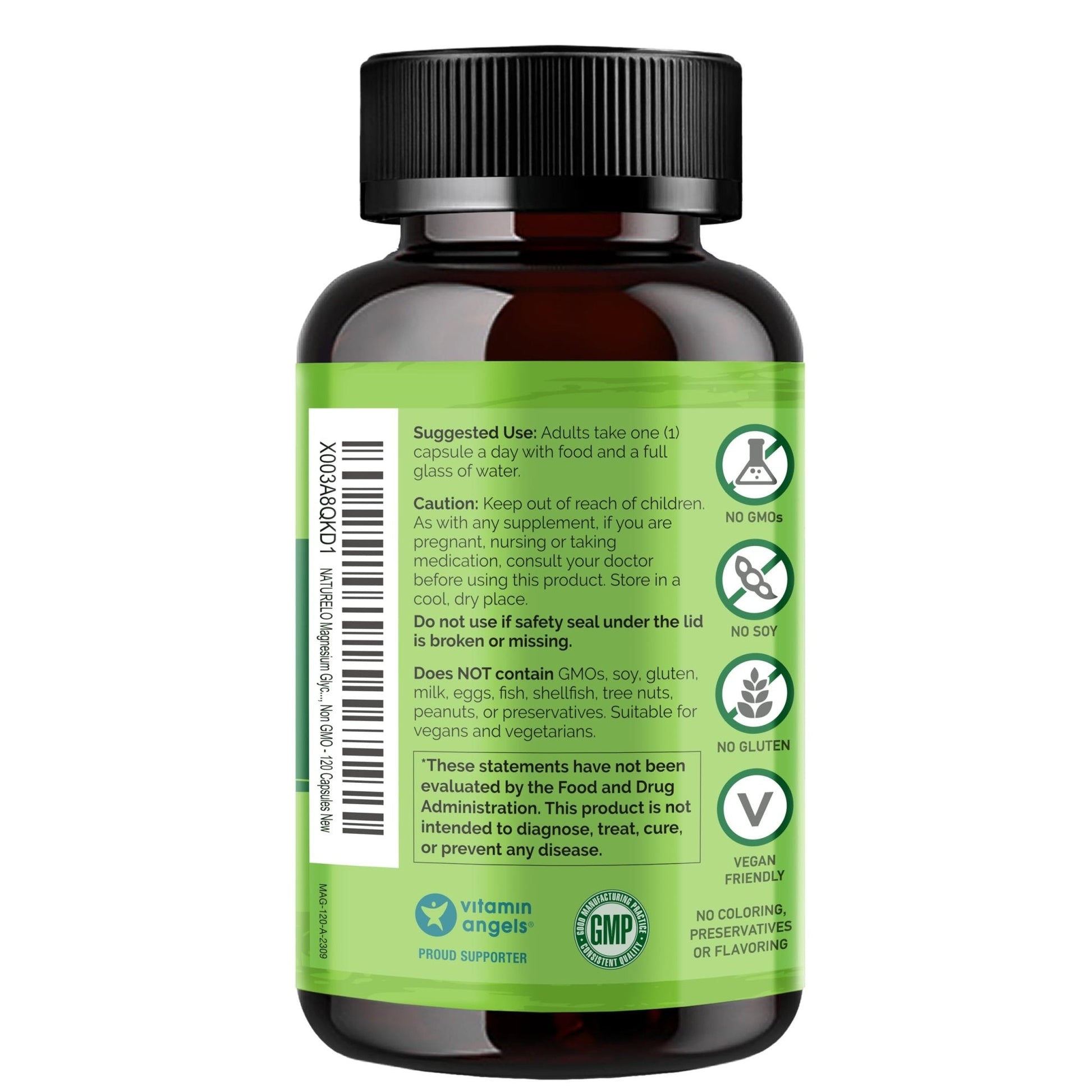 NATURELO Magnesium Glycinate Chelate Complex - 200 mg Magnesium with Organic Vegetables to Support Sleep, Calm, Muscle Cramp & Stress Relief - Gluten Free, Non GMO - 120 Capsules - Maple Wellness Supplements