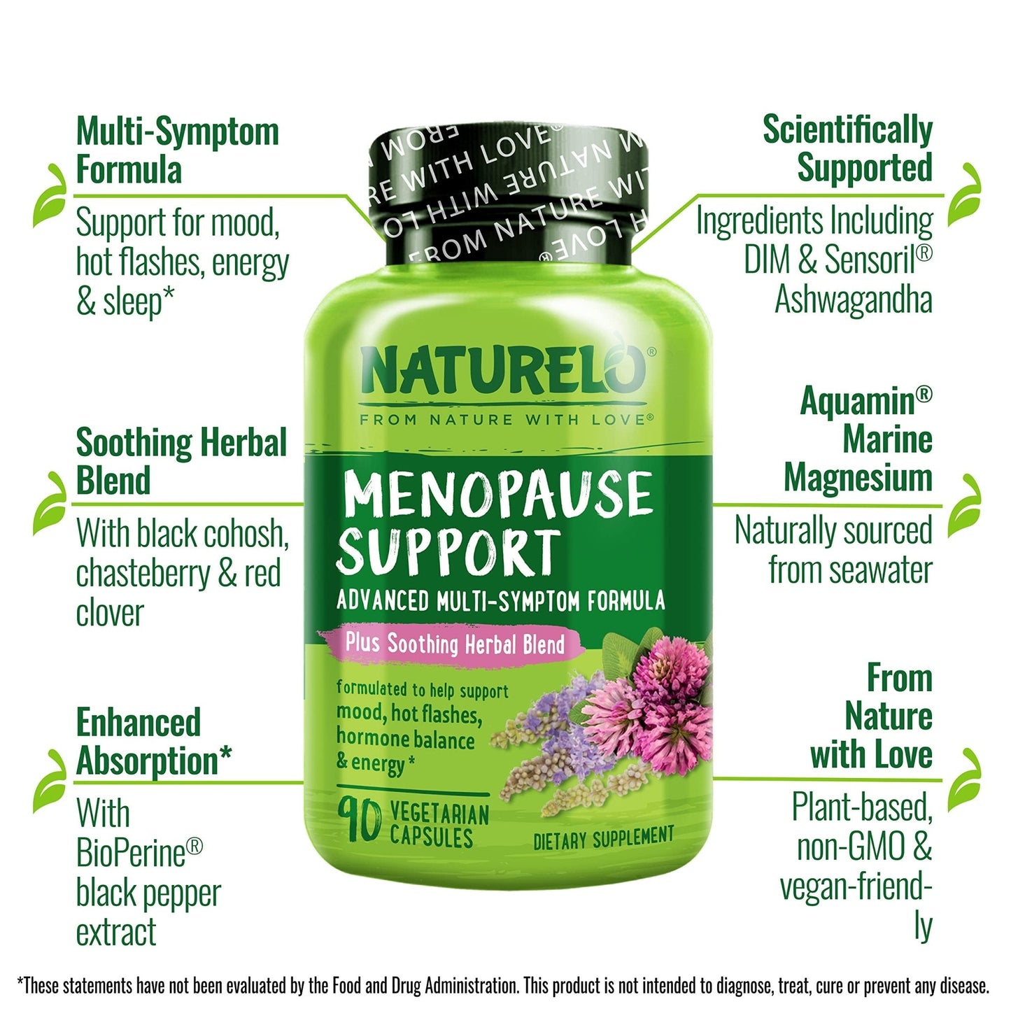 NATURELO Menopause Supplements for Women, Herbal Blend with Black Cohosh for Menopause Hot Flashes Advanced Estrogen Multi-Symptom Formula 90 Capsules - Maple Wellness Supplements