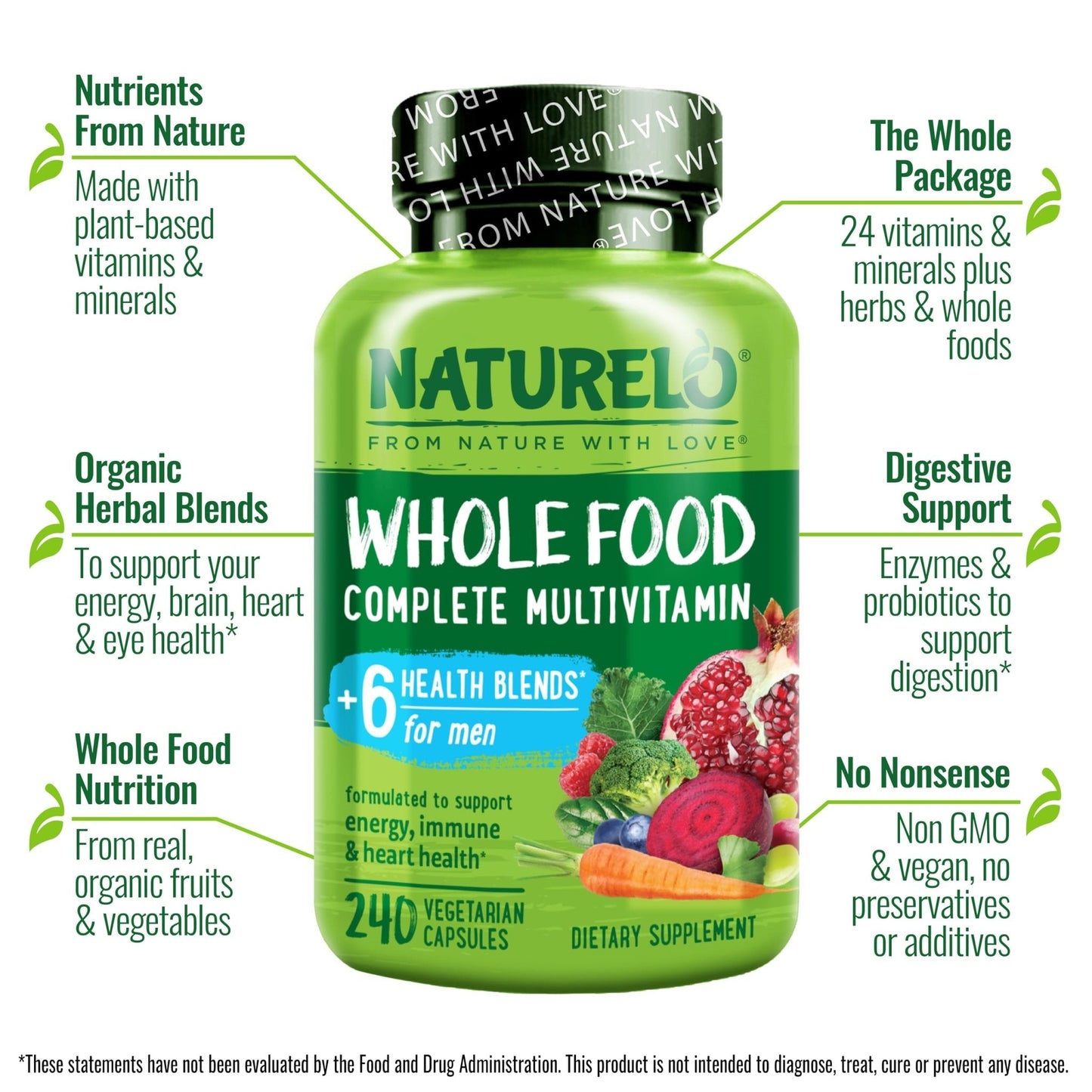 NATURELO Mens Multivitamins - Whole Food Multivitamin for Men with Vitamins, Minerals - 240 Vegetarian Capsules for Energy, Brain, Heart, Eye Health* - Maple Wellness Supplements