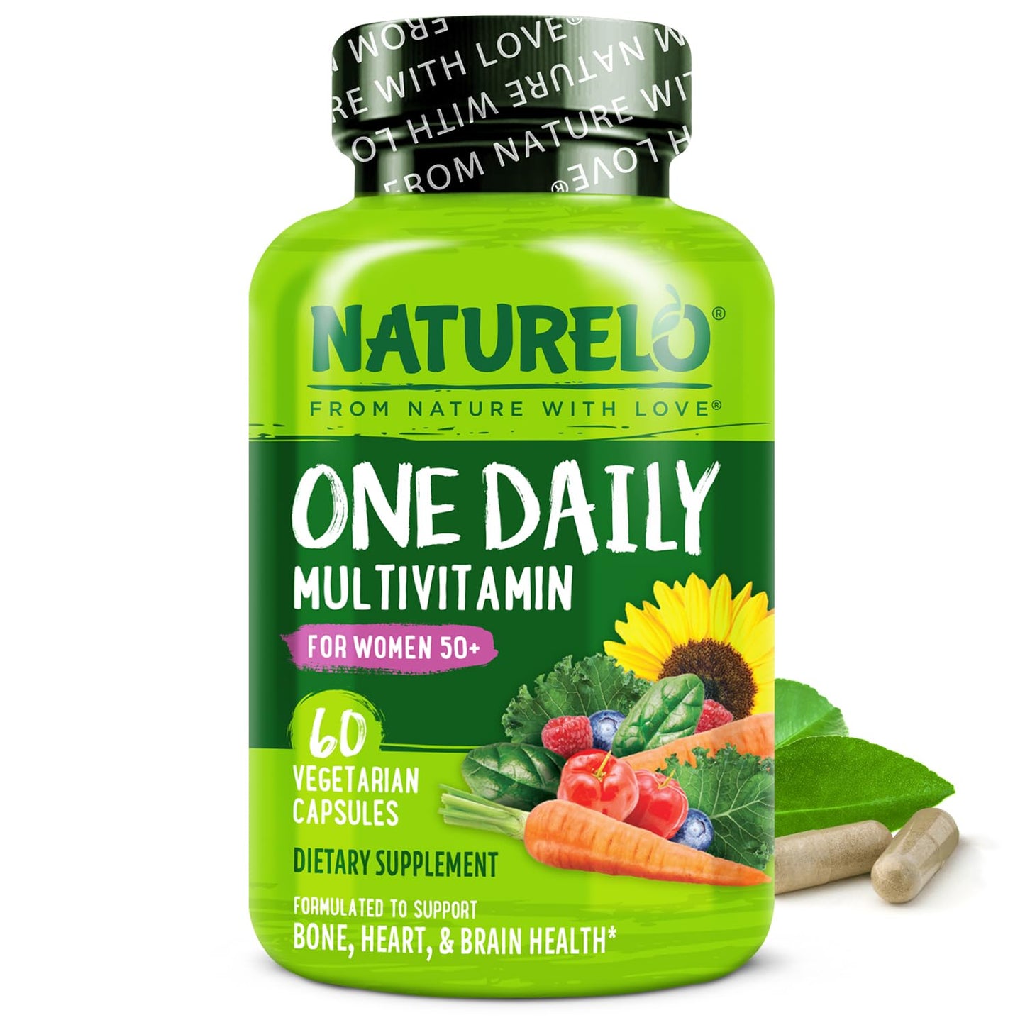 NATURELO One Daily Multivitamin for Women 50+ (Iron Free) - Menopause Support for Women Over 50 - Whole Food Supplement - Non-GMO - No Soy - 60 Capsules - 2 Month Supply - Maple Wellness Supplements