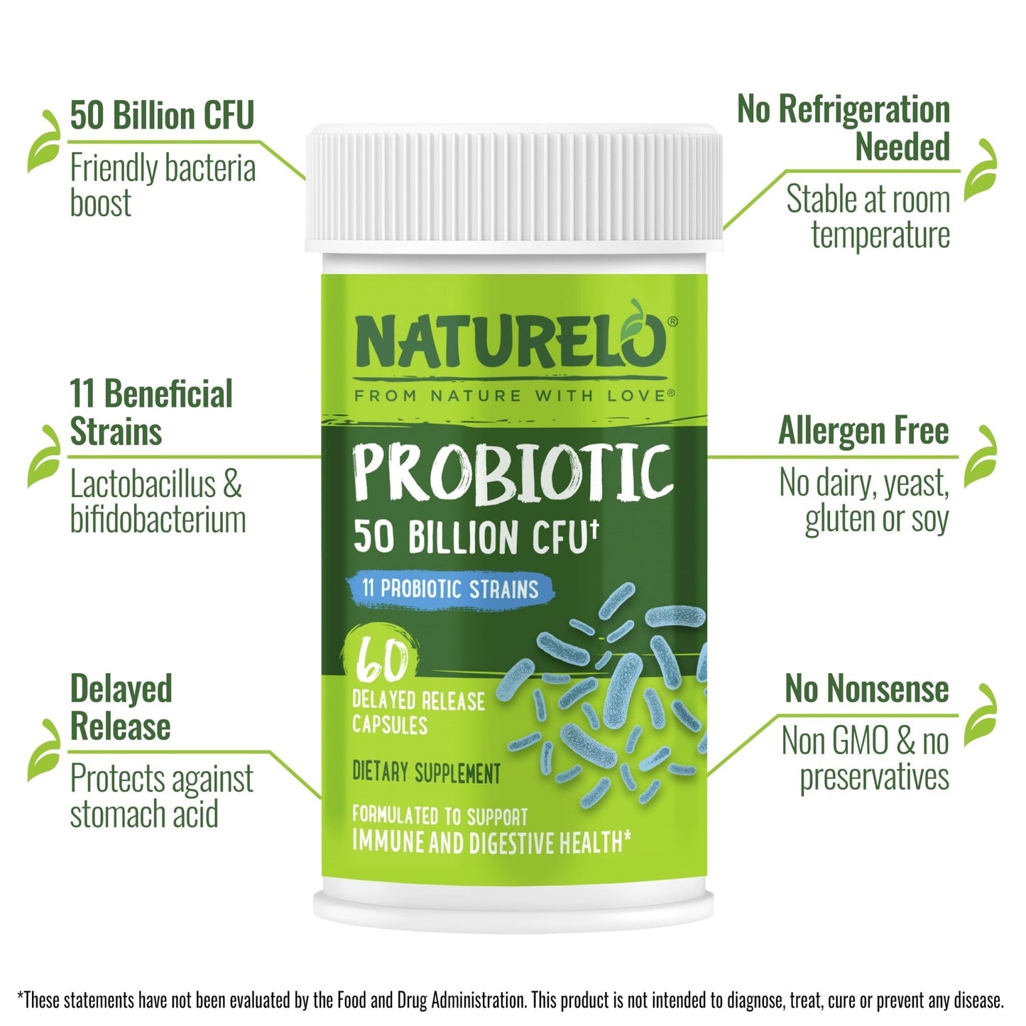 NATURELO Probiotics for Digestive Health - 50 Billion CFU, 11 Strains, Daily Use Supplement - Boosts Immune System, Delayed Release, - Maple Wellness Supplements