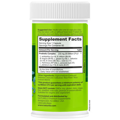 NATURELO Probiotics for Digestive Health - 50 Billion CFU, 11 Strains, Daily Use Supplement - Boosts Immune System, Delayed Release, - Maple Wellness Supplements