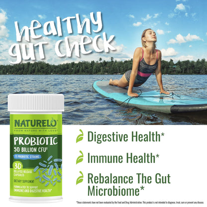 NATURELO Probiotics for Digestive Health, 50 Billion CFU, 30 Vegetarian Capsules, 11 Strains, Daily Use Supplement, Delayed Release, No-Fridge, Helps Boost Immune System, - Maple Wellness Supplements