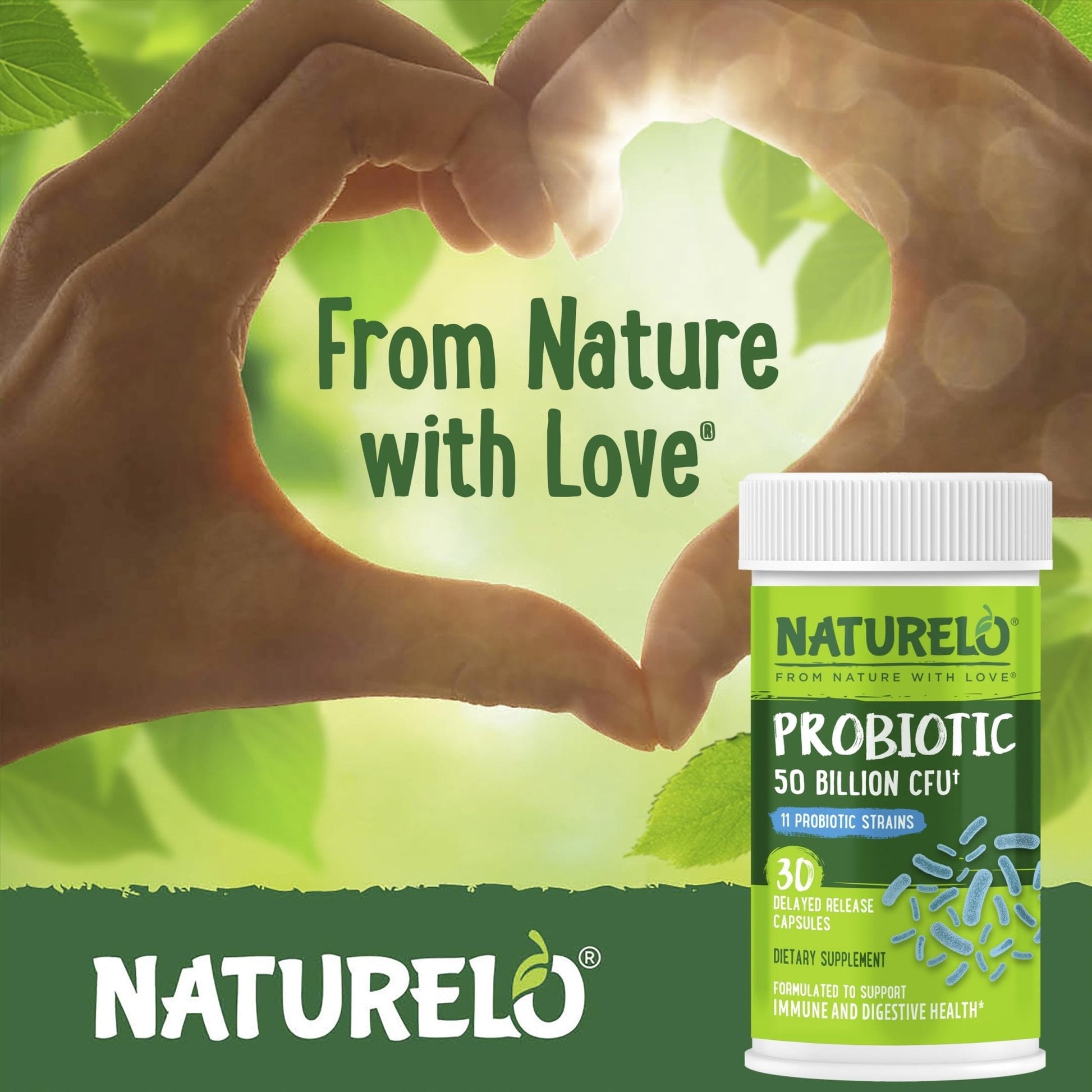 NATURELO Probiotics for Digestive Health, 50 Billion CFU, 30 Vegetarian Capsules, 11 Strains, Daily Use Supplement, Delayed Release, No-Fridge, Helps Boost Immune System, - Maple Wellness Supplements