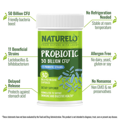 NATURELO Probiotics for Digestive Health, 50 Billion CFU, 30 Vegetarian Capsules, 11 Strains, Daily Use Supplement, Delayed Release, No-Fridge, Helps Boost Immune System, - Maple Wellness Supplements