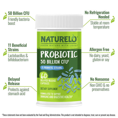 NATURELO Probiotics for Digestive Health, 50 Billion CFU, 60 Vegetarian Capsules, 11 Strains, Daily Use Supplement, Delayed Release, No-Fridge, Boosts Immune System, Probiotics for Women & Men - Maple Wellness Supplements