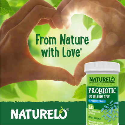 NATURELO Probiotics for Digestive Health, 50 Billion CFU, 60 Vegetarian Capsules, 11 Strains, Daily Use Supplement, Delayed Release, No-Fridge, Boosts Immune System, Probiotics for Women & Men - Maple Wellness Supplements