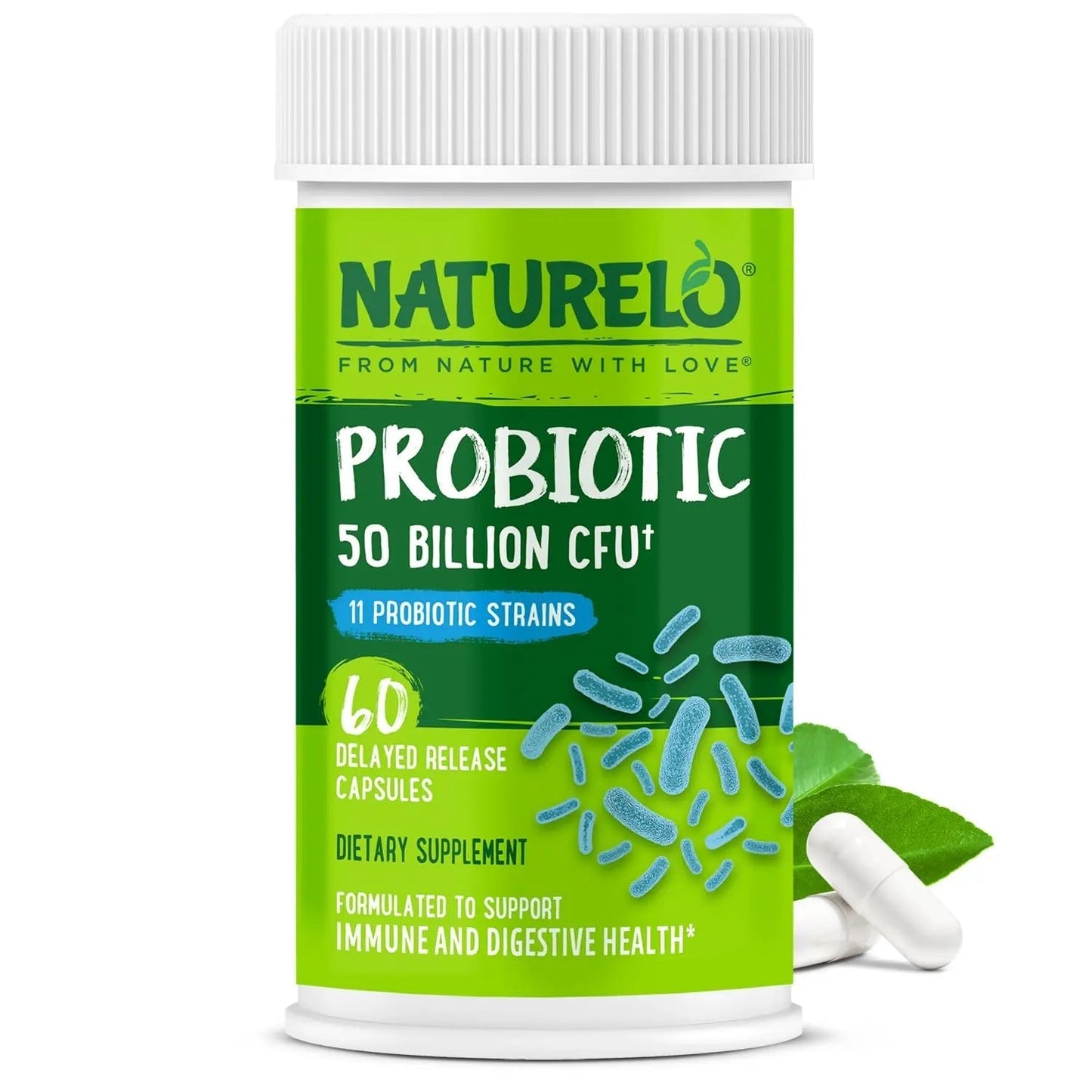 NATURELO Probiotics for Digestive Health, 50 Billion CFU, 60 Vegetarian Capsules, 11 Strains, Daily Use Supplement, Delayed Release, No-Fridge, Boosts Immune System, Probiotics for Women & Men - Maple Wellness Supplements