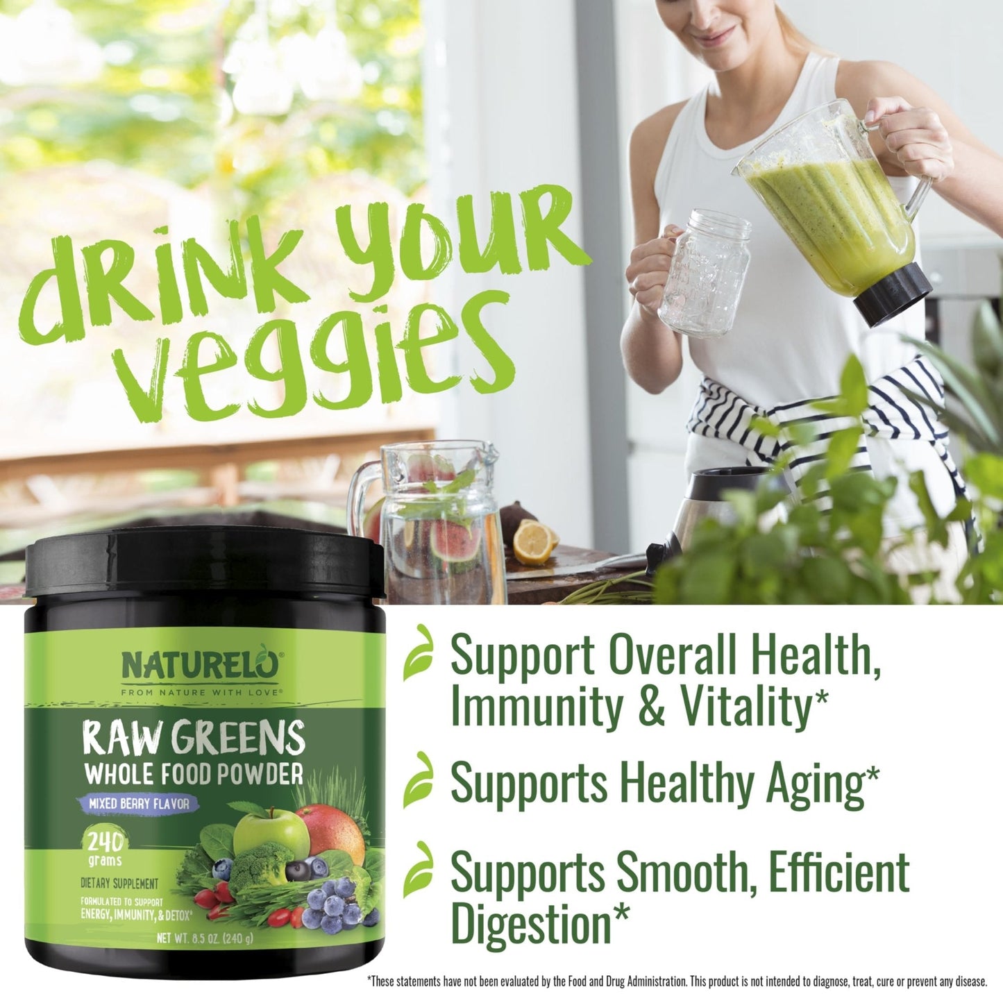 NATURELO Raw Greens Superfood Powder 240 Grams, Mixed Berry - Supports Energy, Immunity and Detox - Includes Spirulina, Wheat Grass and Organic Greens for Whole Food Nutrition - Maple Wellness Supplements