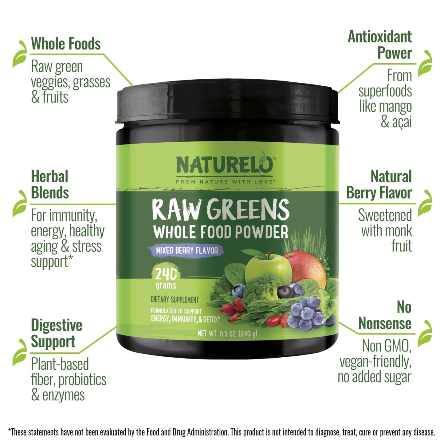 NATURELO Raw Greens Superfood Powder 240 Grams, Mixed Berry - Supports Energy, Immunity and Detox - Includes Spirulina, Wheat Grass and Organic Greens for Whole Food Nutrition - Maple Wellness Supplements