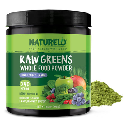 NATURELO Raw Greens Superfood Powder 240 Grams, Mixed Berry - Supports Energy, Immunity and Detox - Includes Spirulina, Wheat Grass and Organic Greens for Whole Food Nutrition - Maple Wellness Supplements